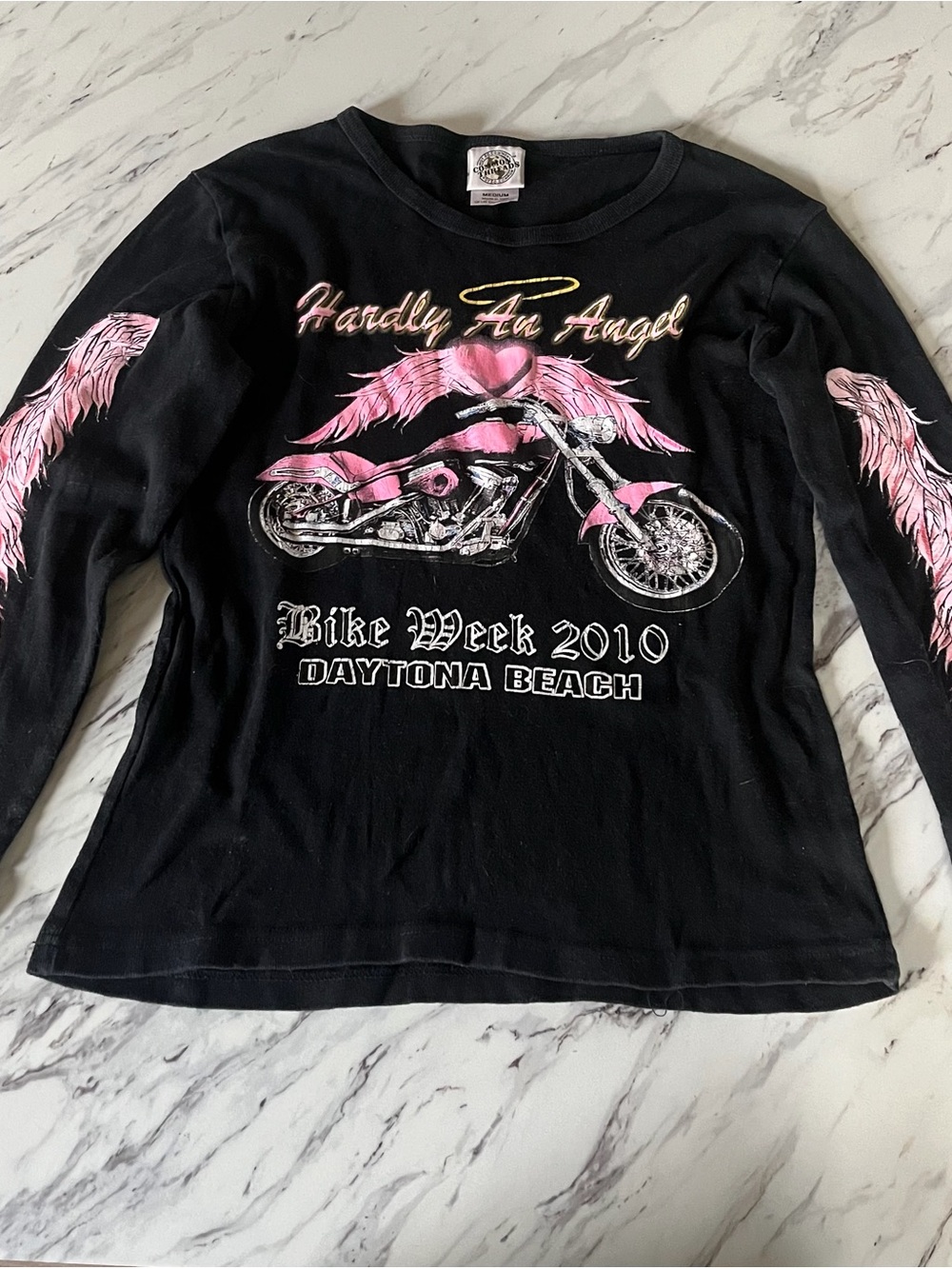 Y2K Motorcycle Daytona Beach 2010 Long Sleeve Tee with Angel Wings Along Arms